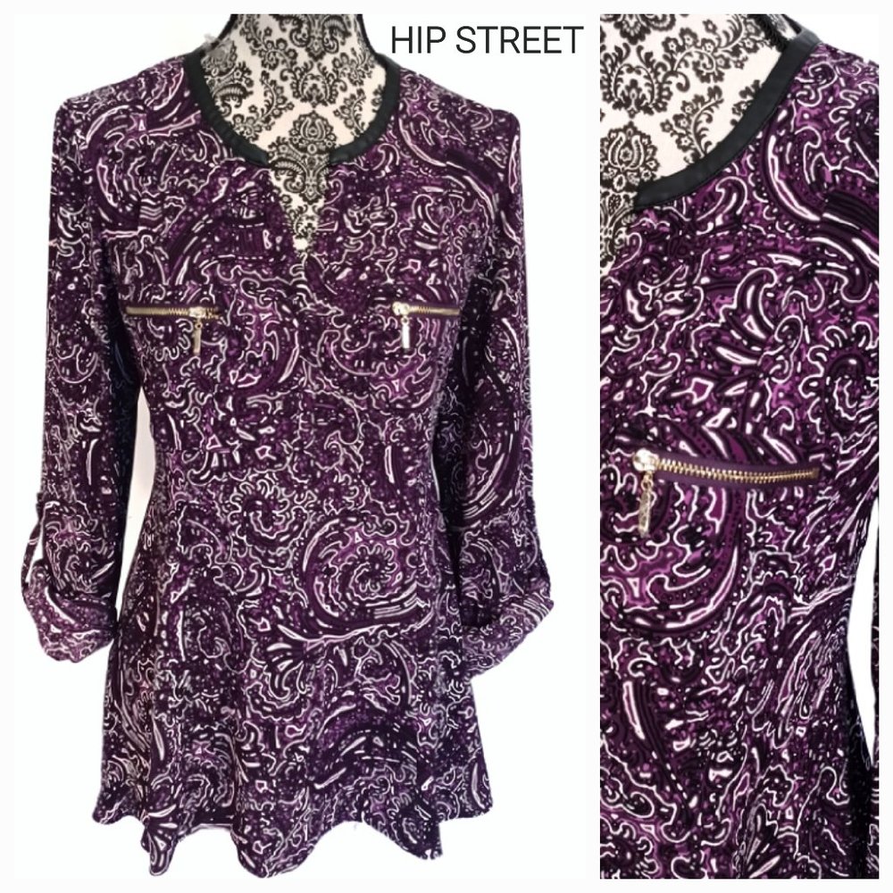 RAFAELLA V Neck Zipper Pocket LS Roll Tab Eased Fit Print Crepe Blouse Tunic S